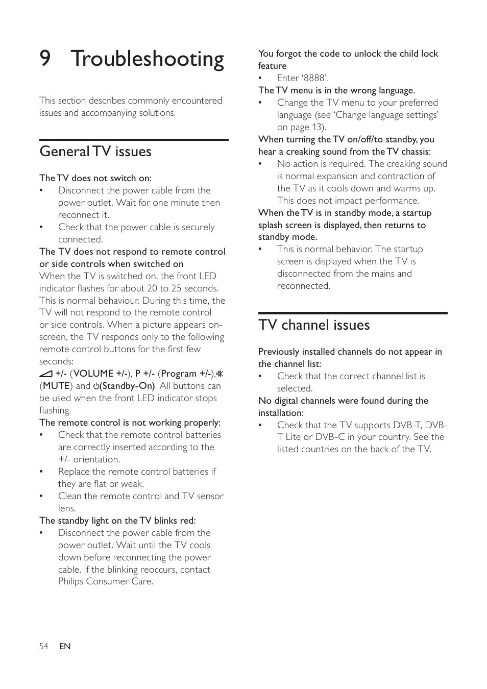 9 troubleshooting, Tv channel issues, General tv issues | Philips 32PFL7694H-12 User Manual | Page 55 / 76