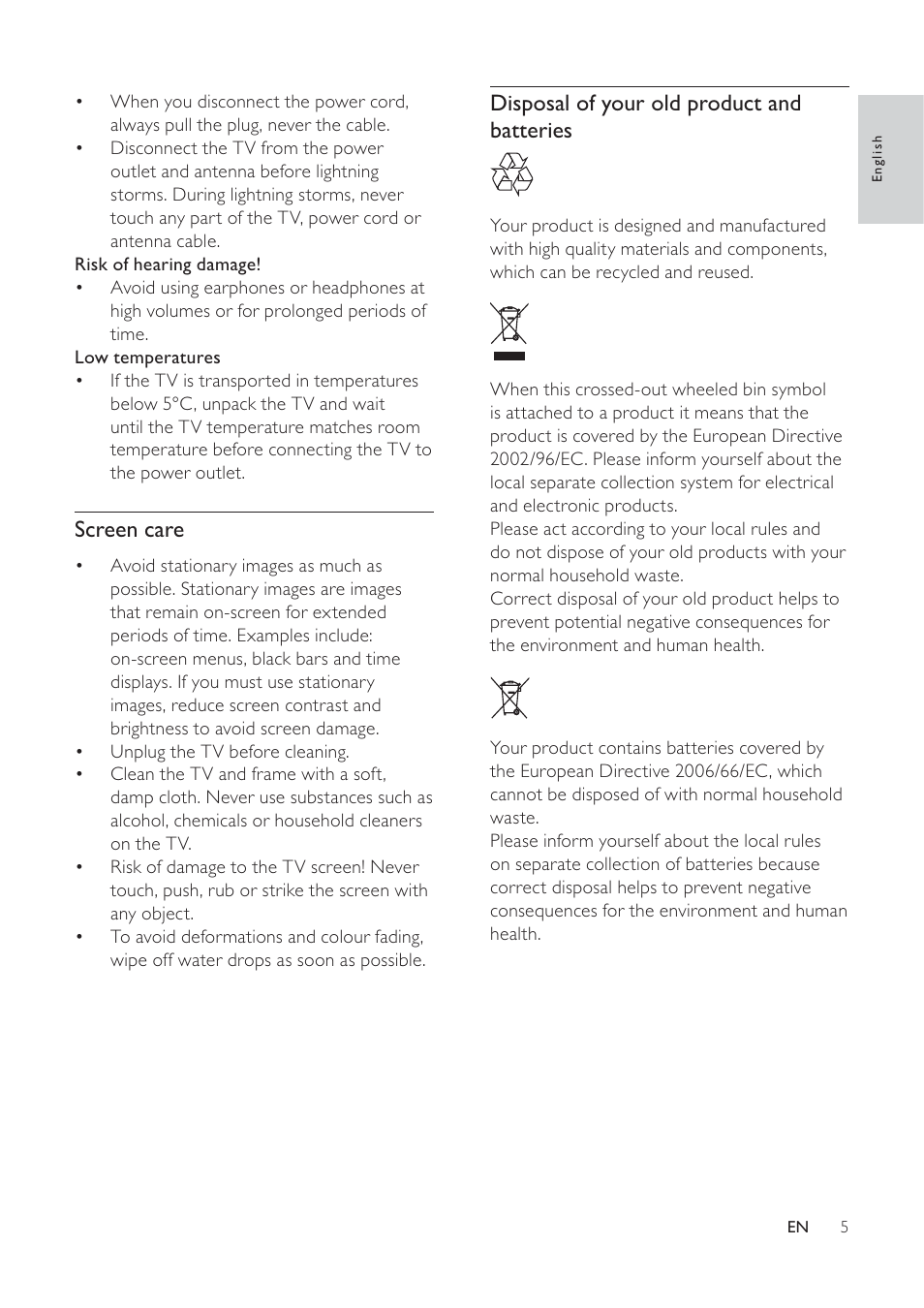 Disposal of your old product and batteries, Screen care | Philips 32PFL7694H-12 User Manual | Page 6 / 76