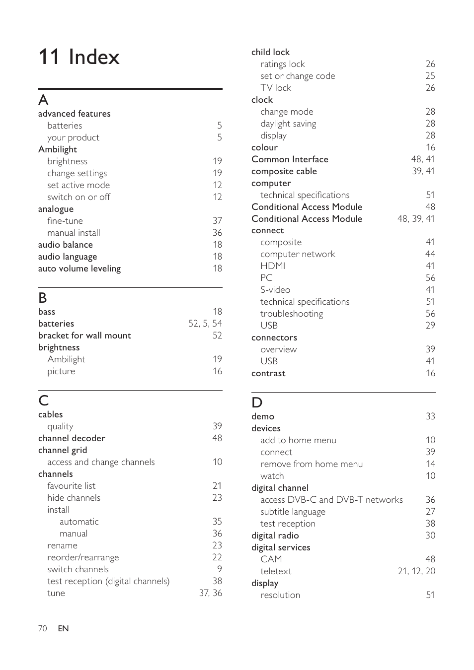 11 index | Philips 32PFL7694H-12 User Manual | Page 71 / 76