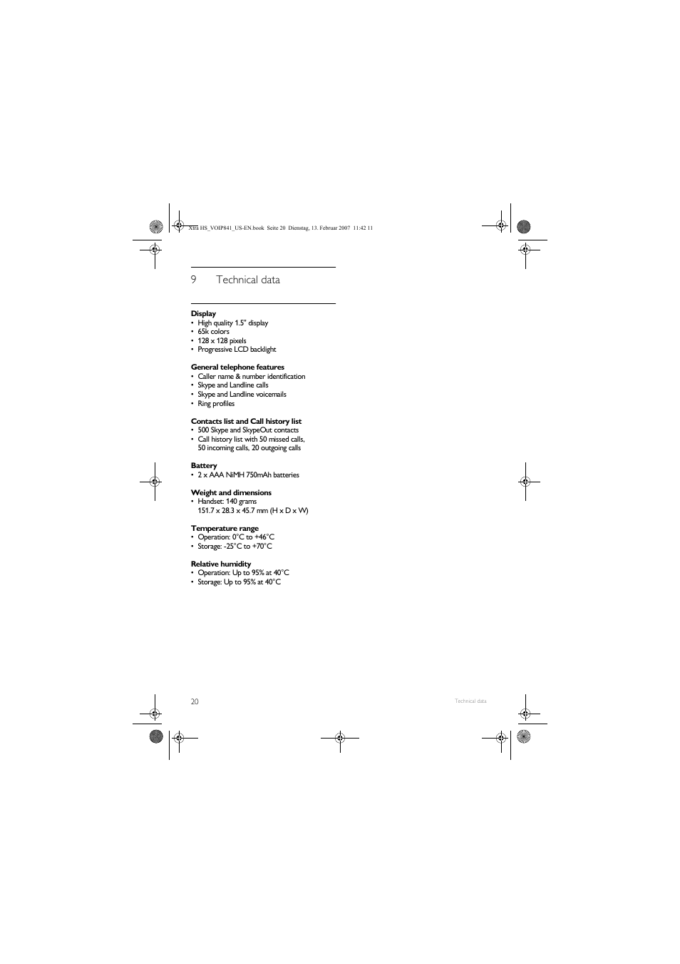 9technical data | Philips VOIP8410B-37 User Manual | Page 22 / 92