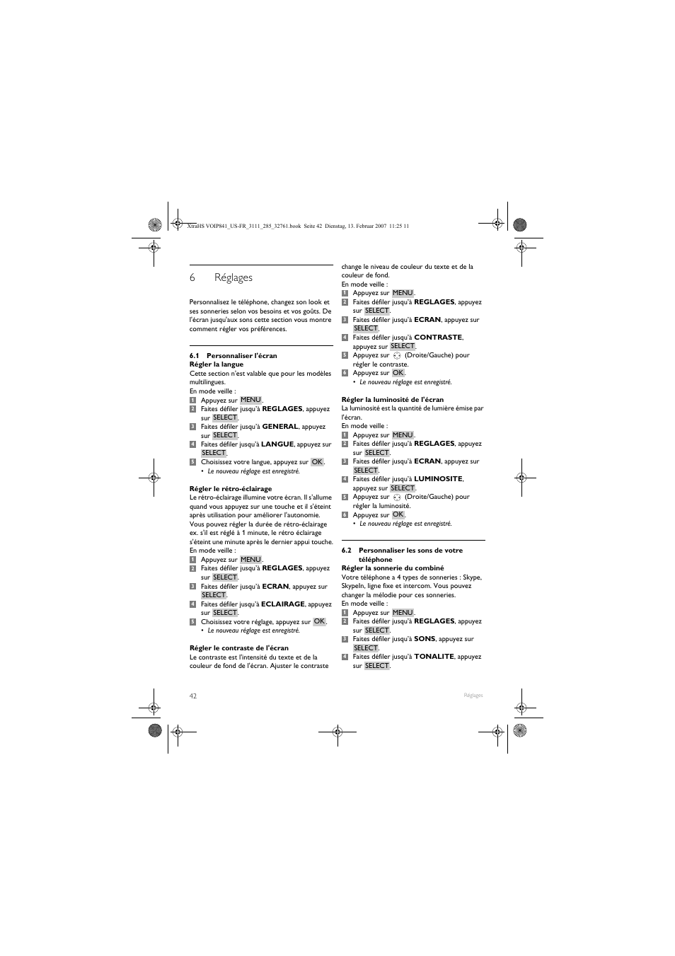 6réglages | Philips VOIP8410B-37 User Manual | Page 44 / 92