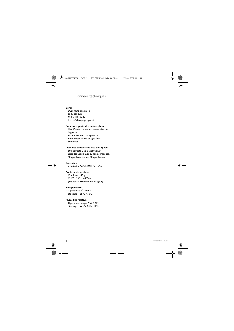 9données techniques | Philips VOIP8410B-37 User Manual | Page 50 / 92