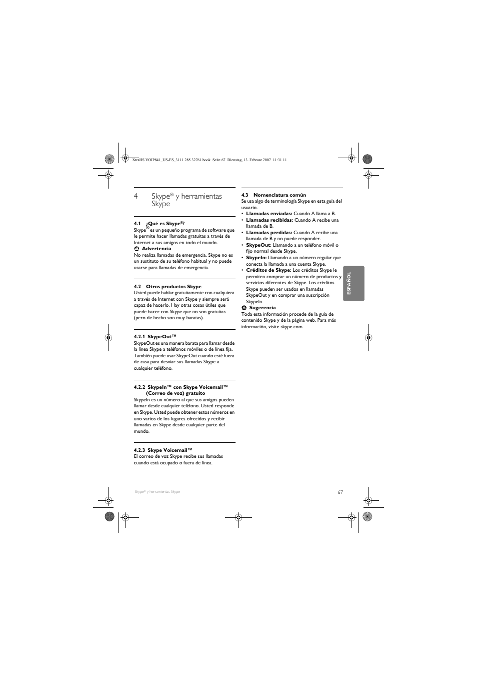 4skype, Y herramientas skype | Philips VOIP8410B-37 User Manual | Page 69 / 92