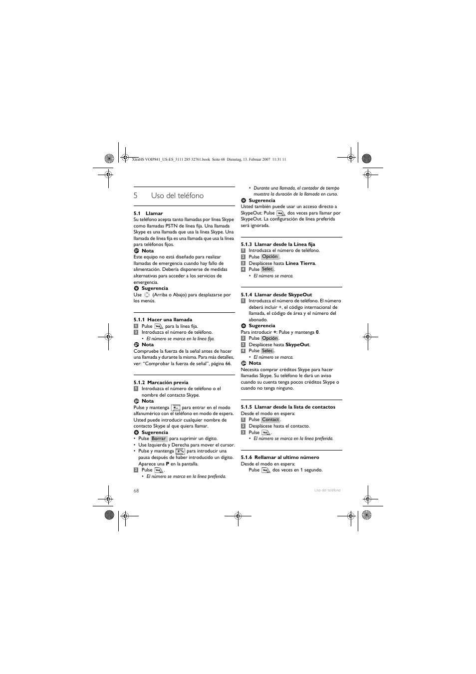 5uso del teléfono | Philips VOIP8410B-37 User Manual | Page 70 / 92