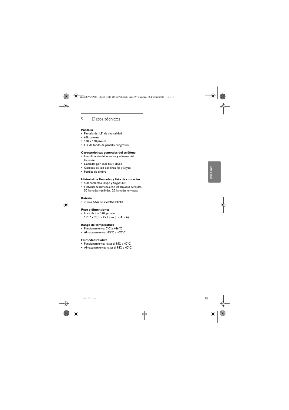 9datos técnicos | Philips VOIP8410B-37 User Manual | Page 81 / 92