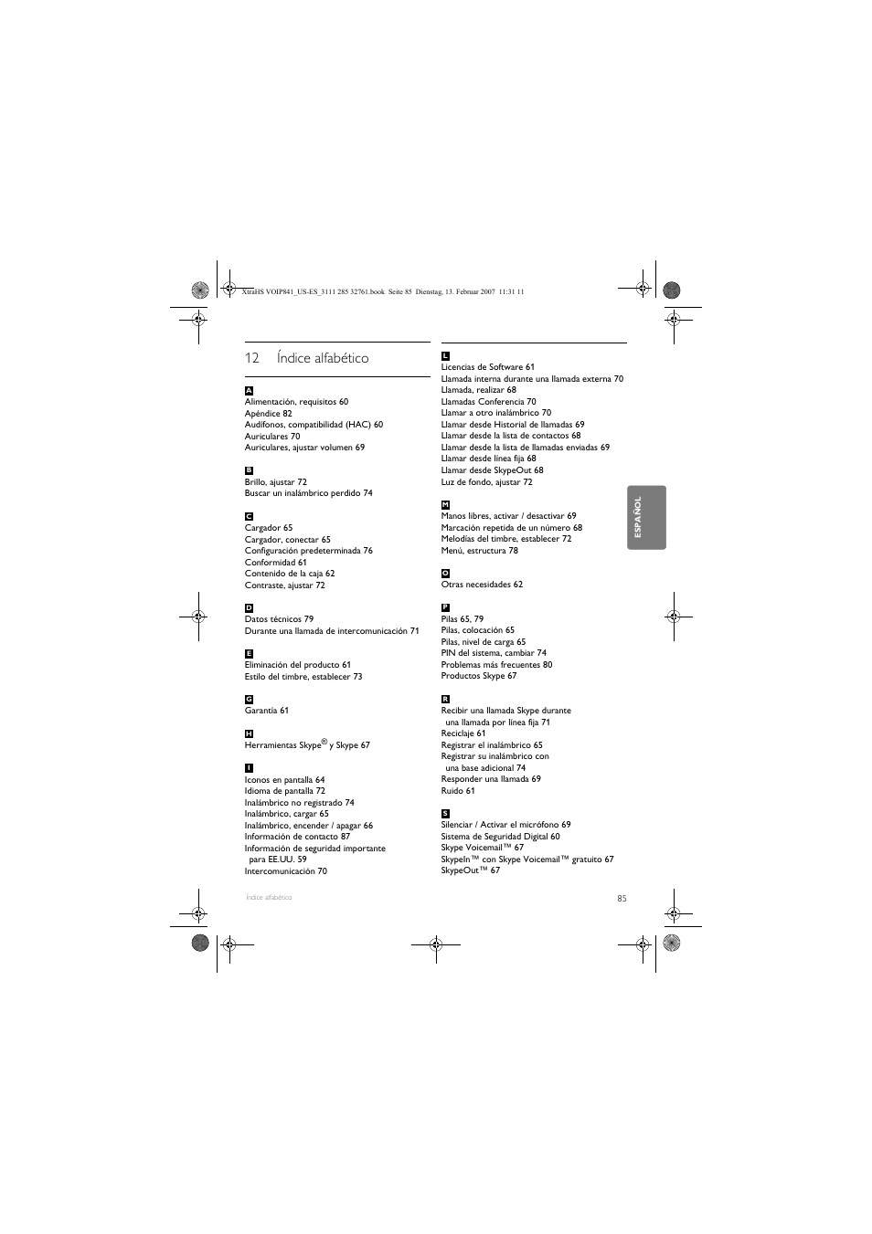 12 índice alfabético | Philips VOIP8410B-37 User Manual | Page 87 / 92