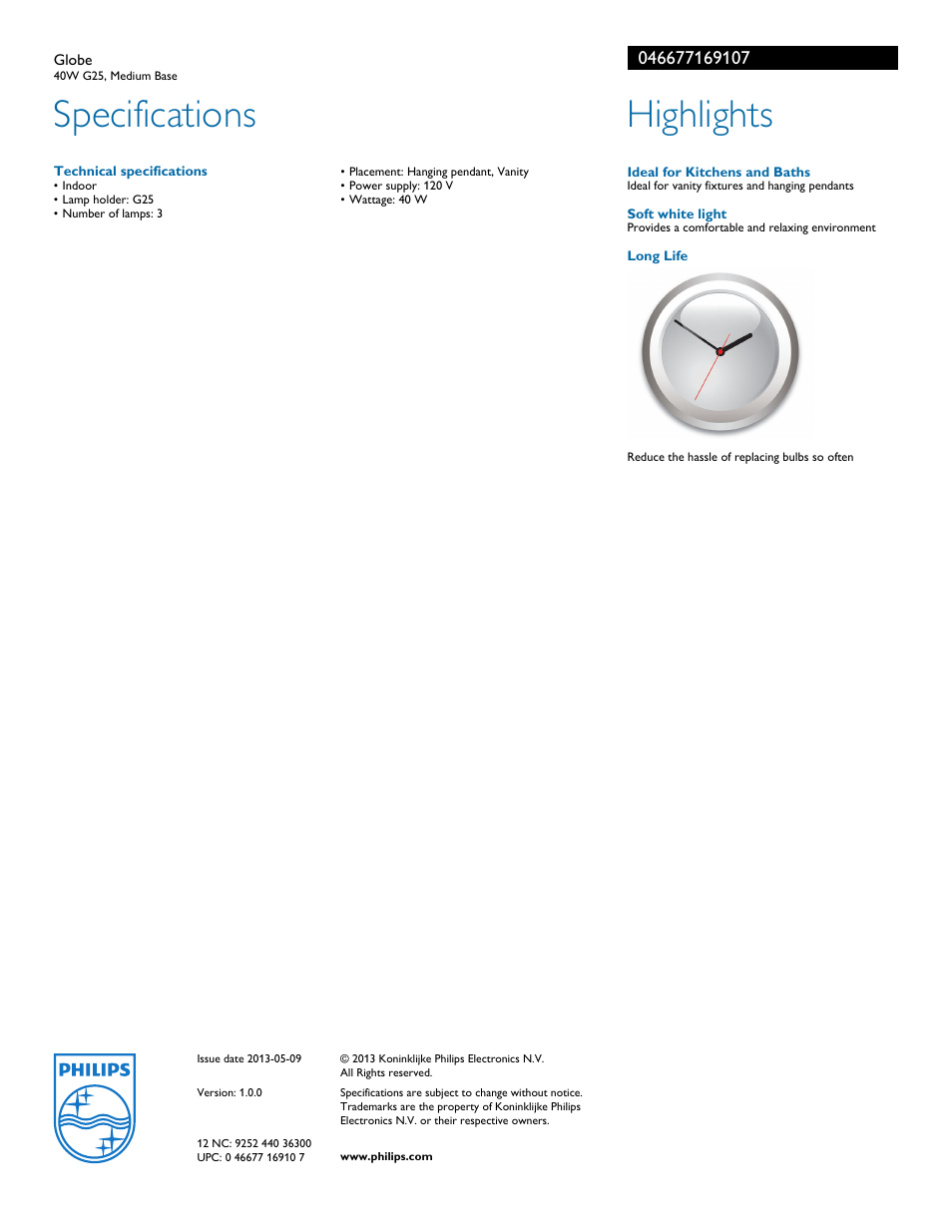 Specifications, Highlights | Philips 046677169107 User Manual | Page 2 / 2