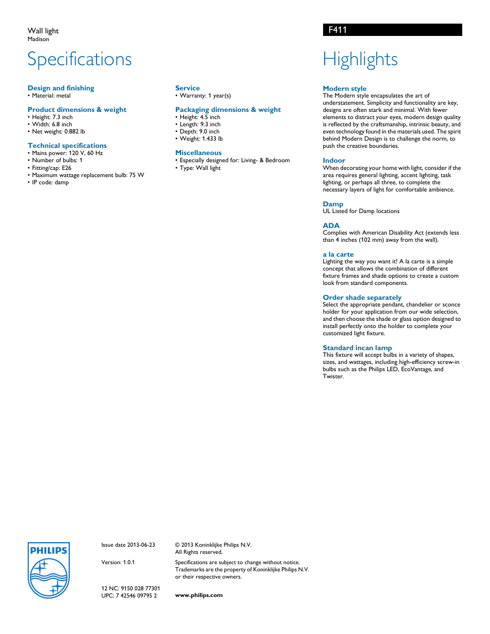 Specifications, Highlights, F411 | Philips F411 User Manual | Page 2 / 2