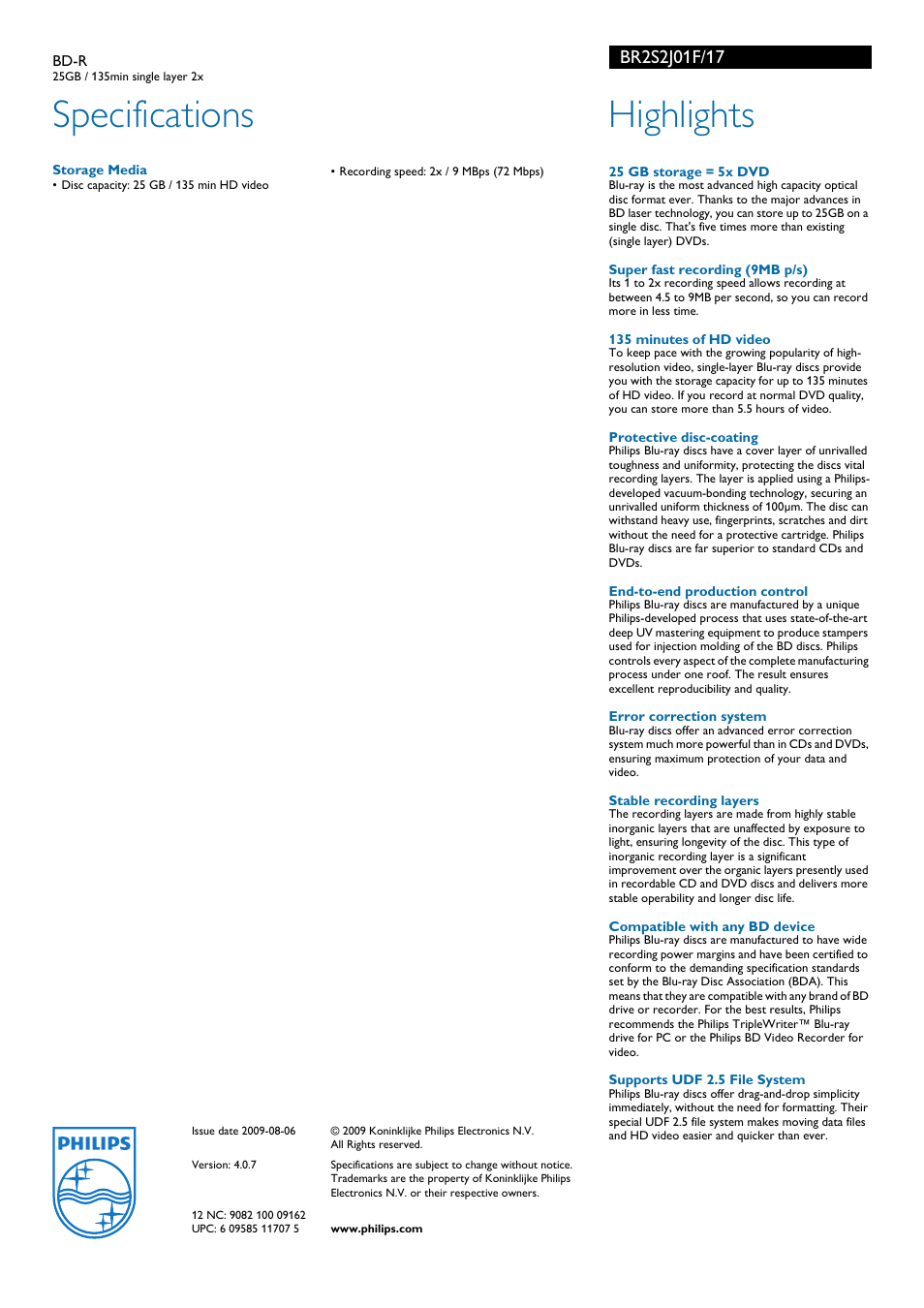 Specifications, Highlights | Philips BR2S2J01F-17 User Manual | Page 2 / 2