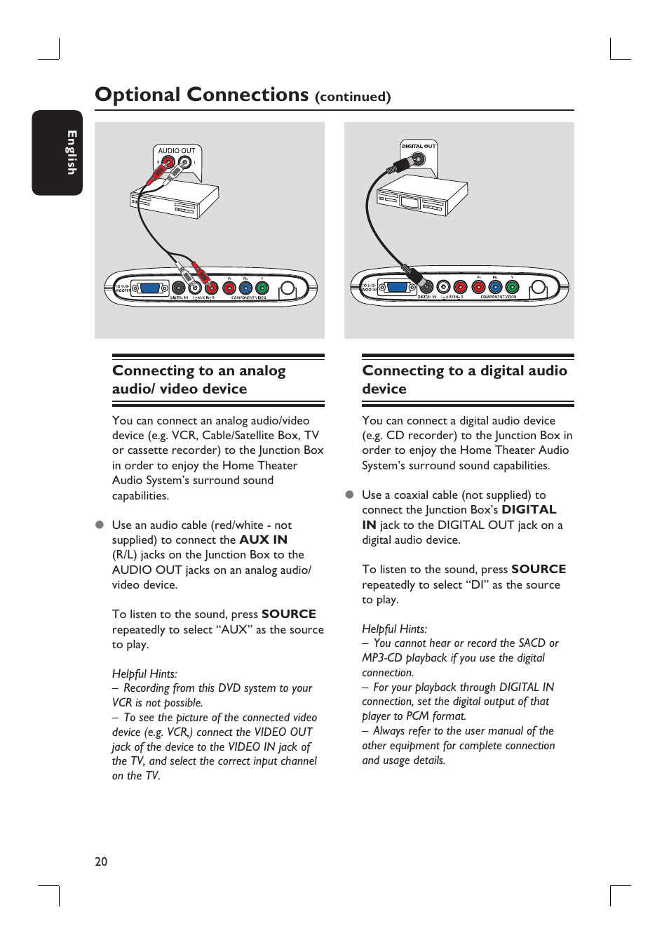 Optional connections | Philips HTS9800W-37B User Manual | Page 20 / 56