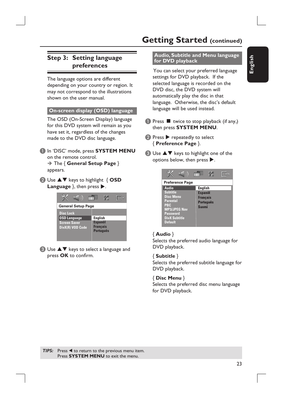 Getting started, Step 3: setting language preferences | Philips HTS9800W-37B User Manual | Page 23 / 56