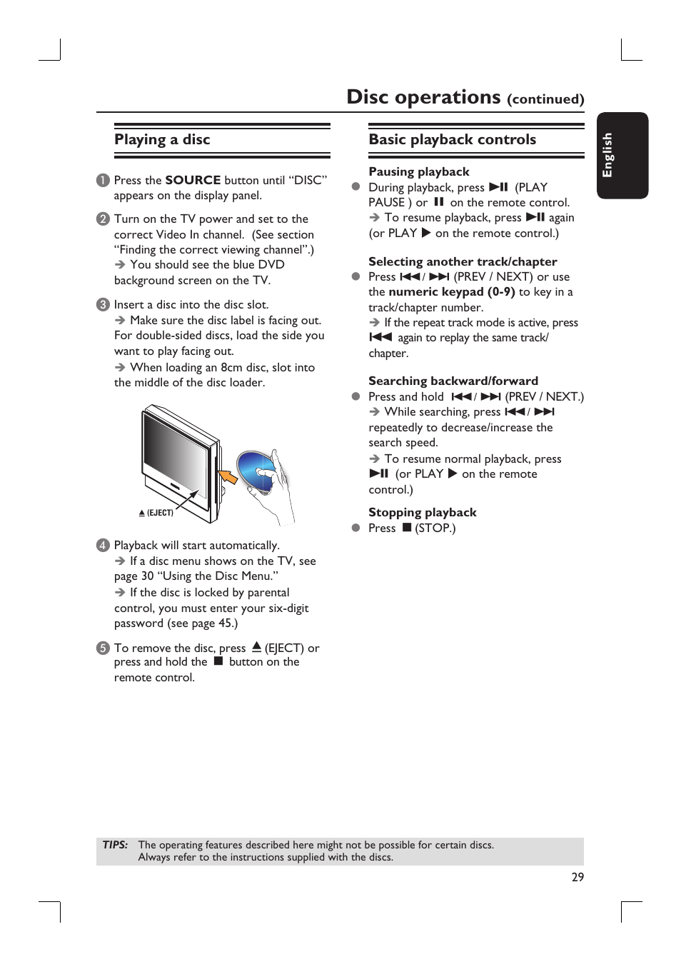 Disc operations, Playing a disc, Basic playback controls | Philips HTS9800W-37B User Manual | Page 29 / 56