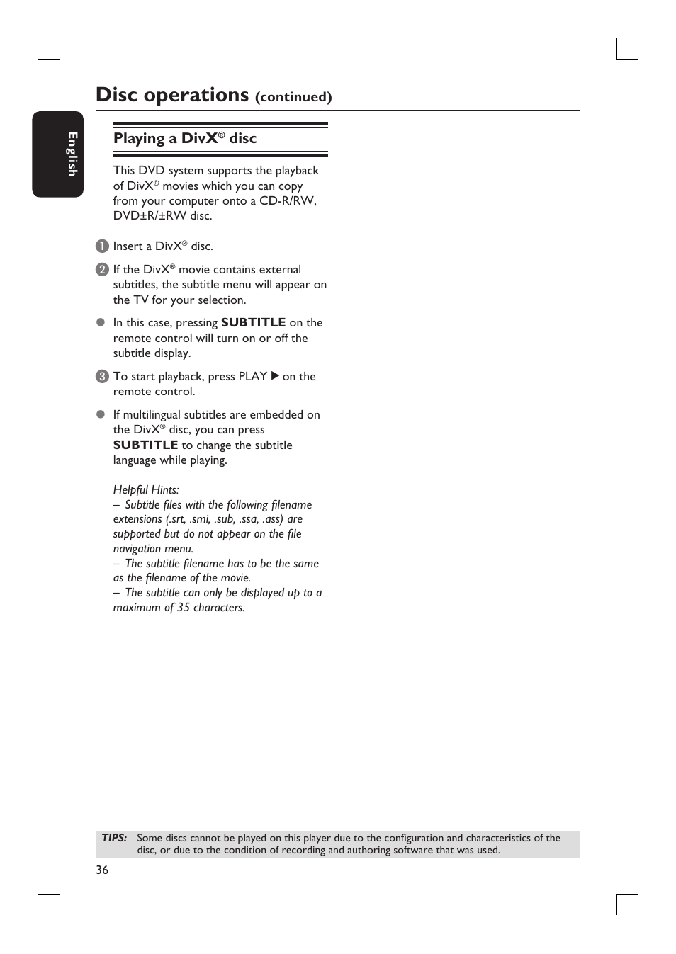 Disc operations, Playing a divx, Disc | Philips HTS9800W-37B User Manual | Page 36 / 56