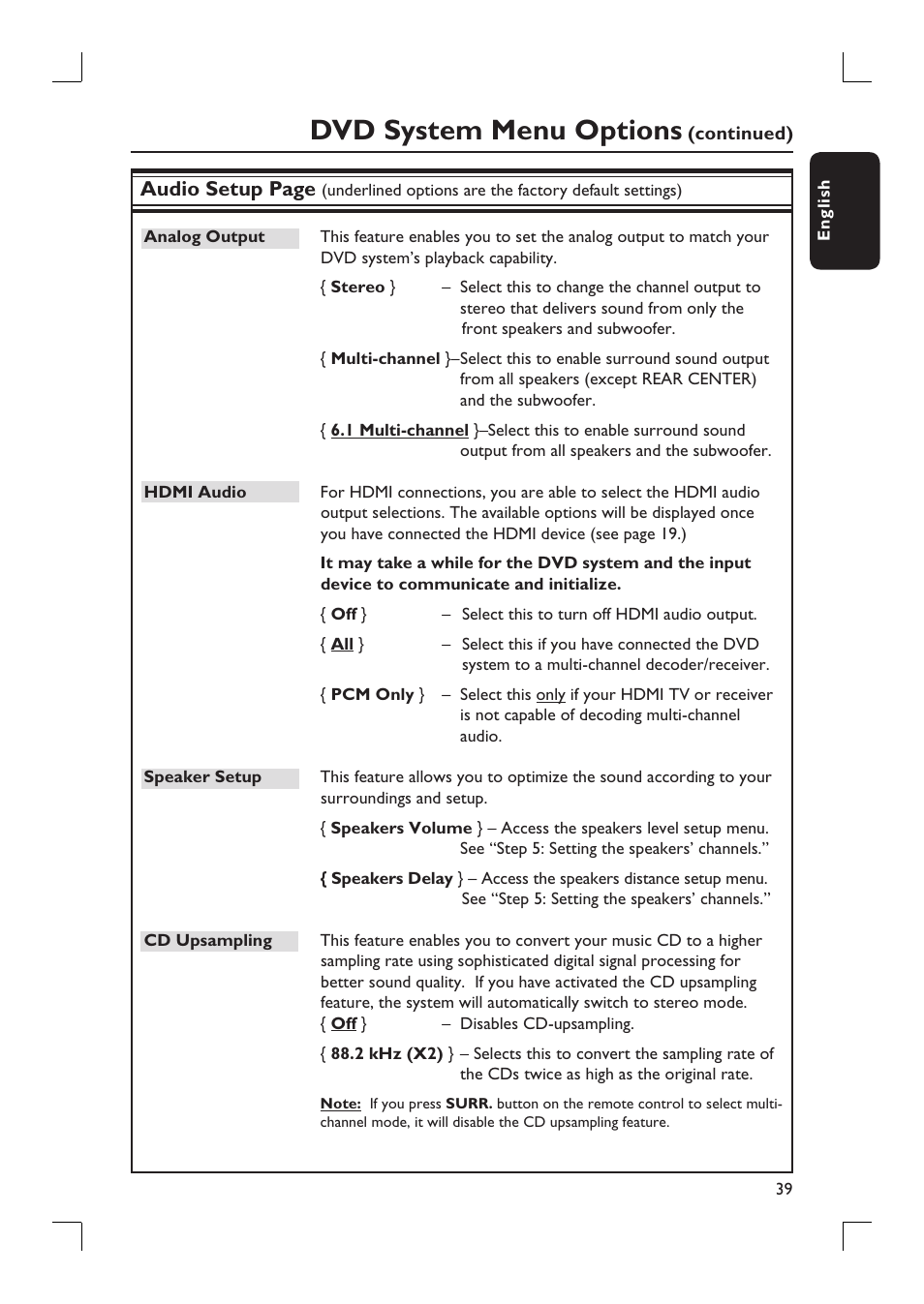 Dvd system menu options, Audio setup page | Philips HTS9800W-37B User Manual | Page 39 / 56