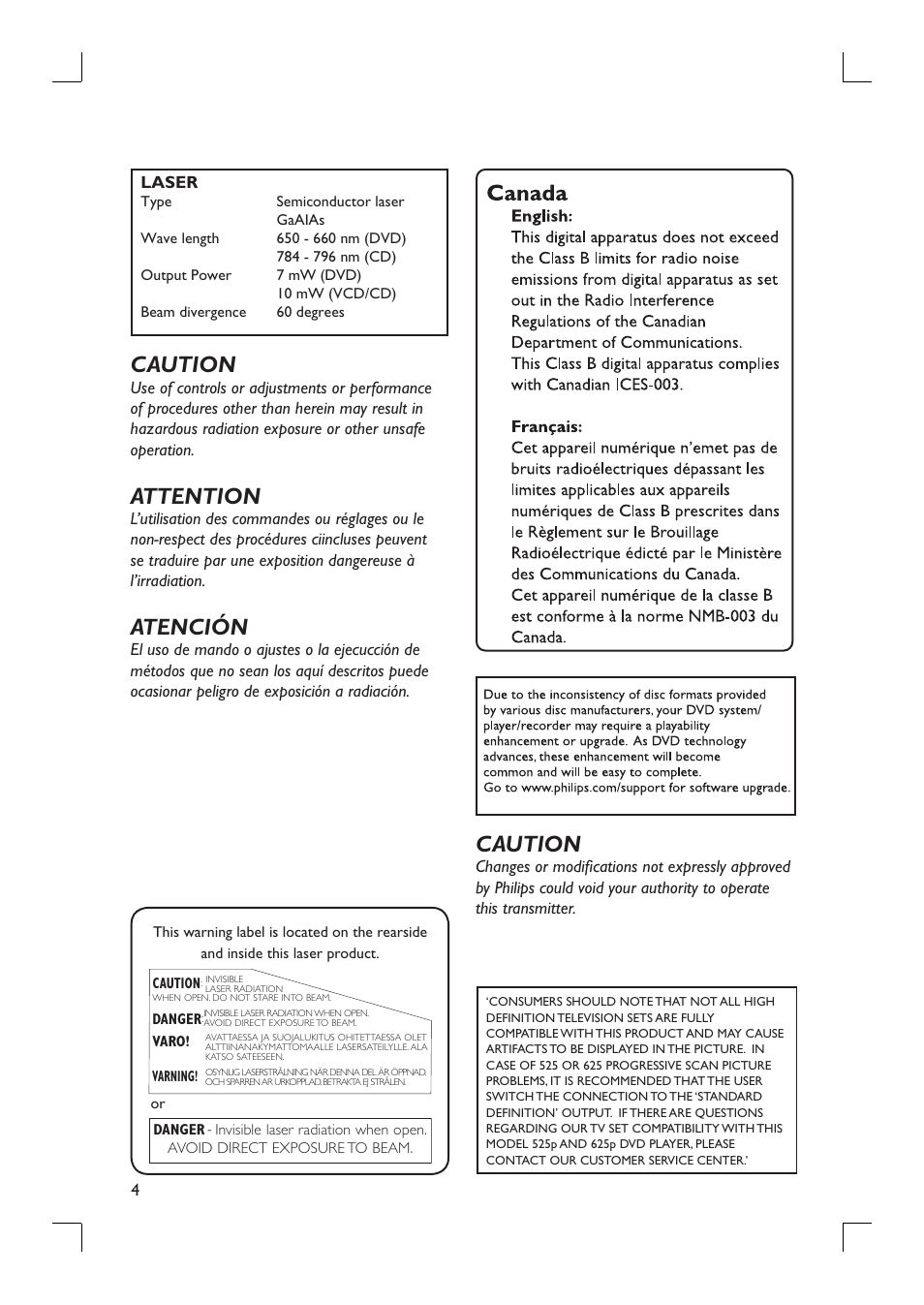 Caution, Attention, Atención | Philips HTS9800W-37B User Manual | Page 4 / 56