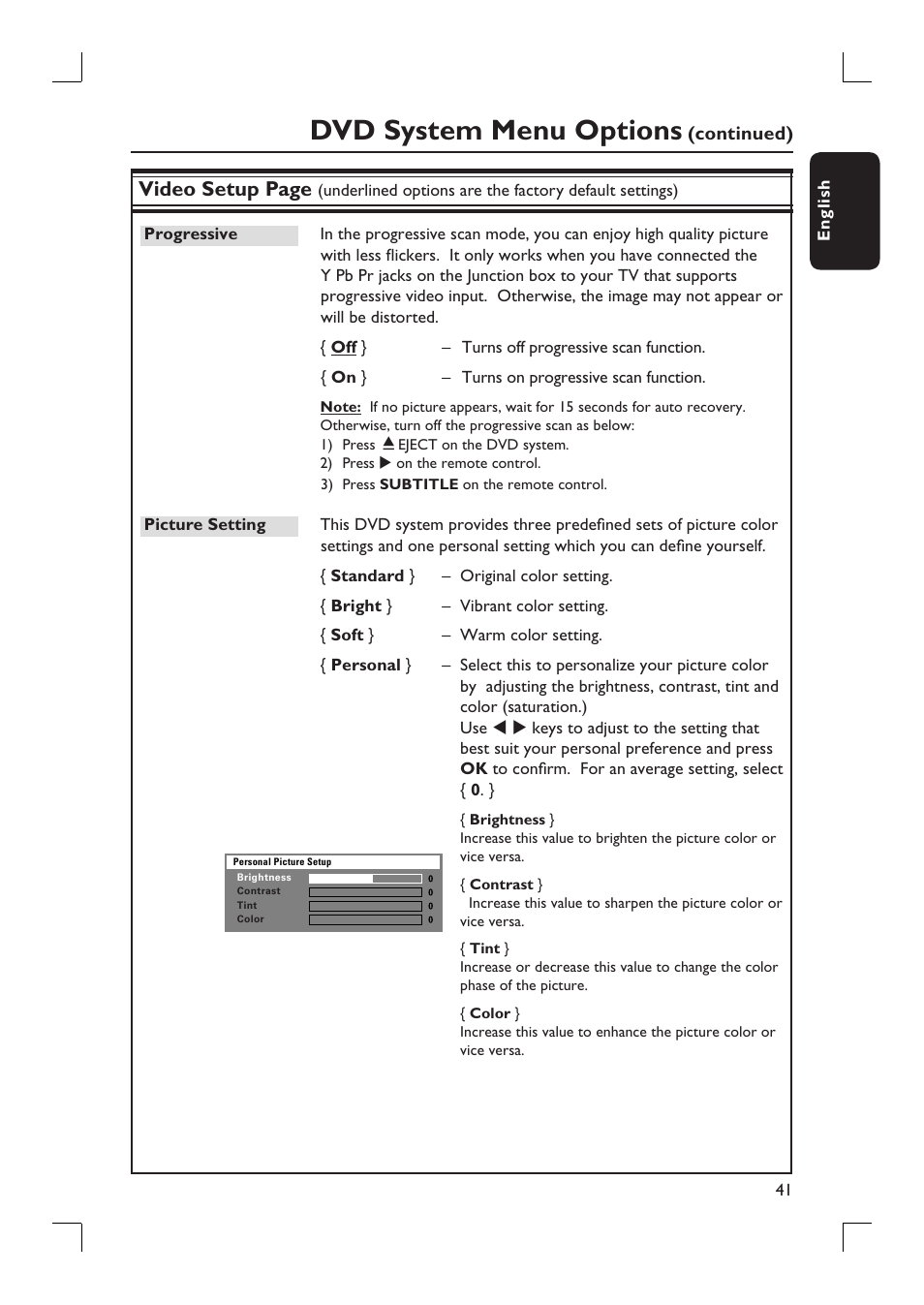 Dvd system menu options, Video setup page | Philips HTS9800W-37B User Manual | Page 41 / 56