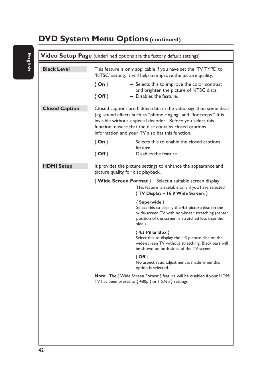 Dvd system menu options, Video setup page | Philips HTS9800W-37B User Manual | Page 42 / 56