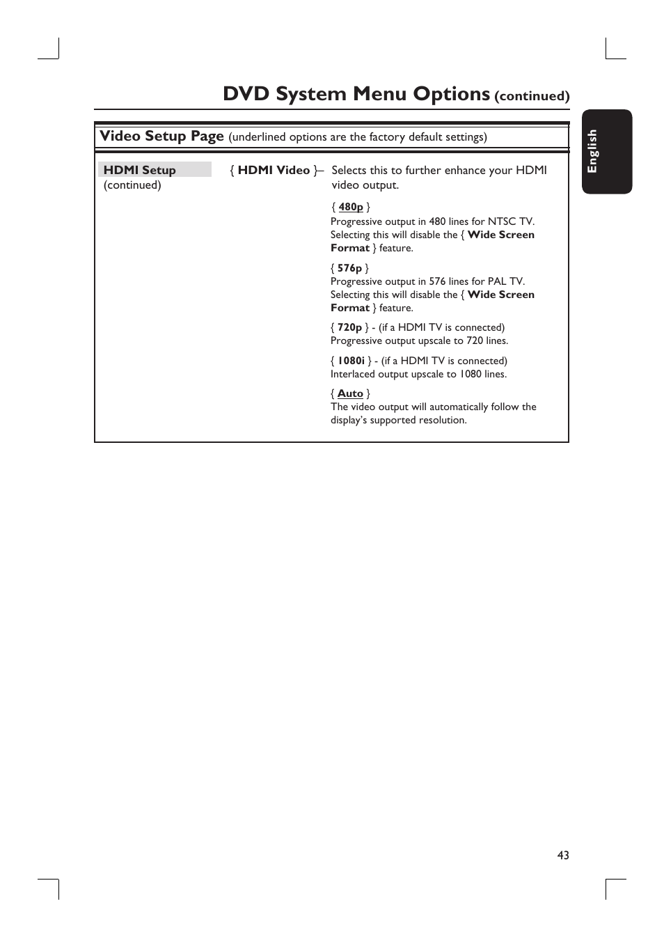 Dvd system menu options, Video setup page | Philips HTS9800W-37B User Manual | Page 43 / 56