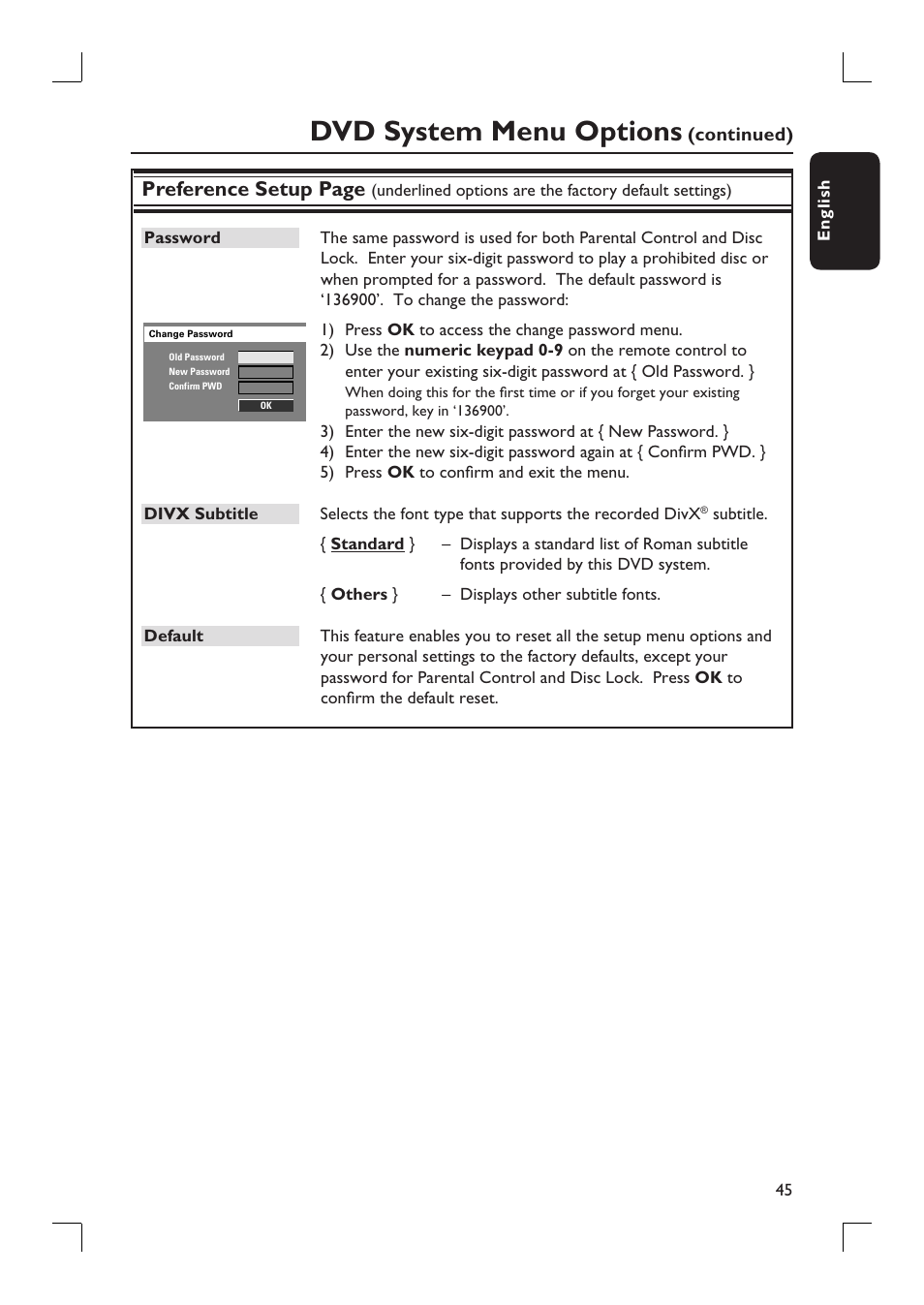 Dvd system menu options, Preference setup page | Philips HTS9800W-37B User Manual | Page 45 / 56