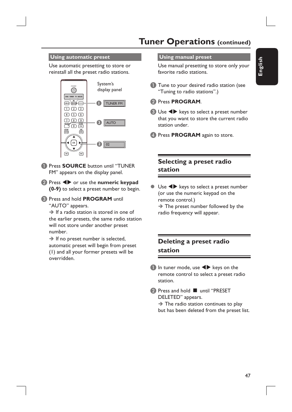 Tuner operations, Selecting a preset radio station, Deleting a preset radio station | Philips HTS9800W-37B User Manual | Page 47 / 56