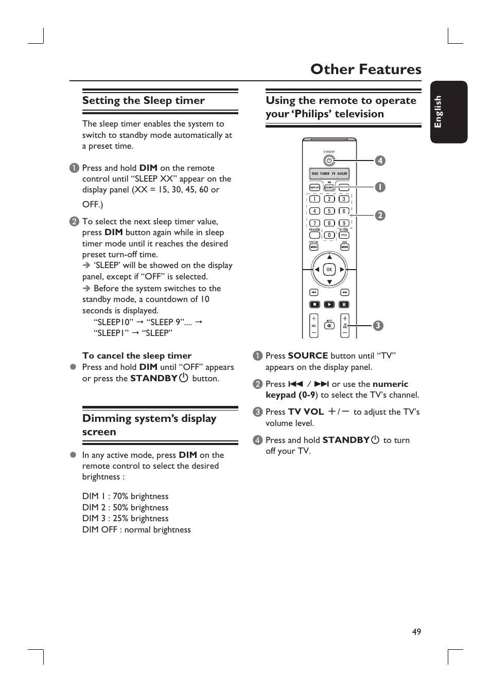 Other features, Setting the sleep timer, Dimming system’s display screen | Philips HTS9800W-37B User Manual | Page 49 / 56