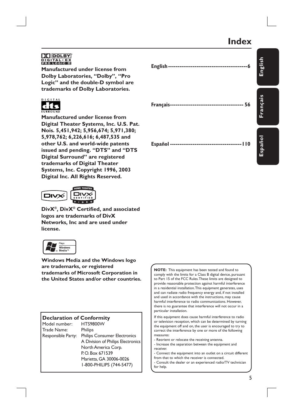 Index | Philips HTS9800W-37B User Manual | Page 5 / 56