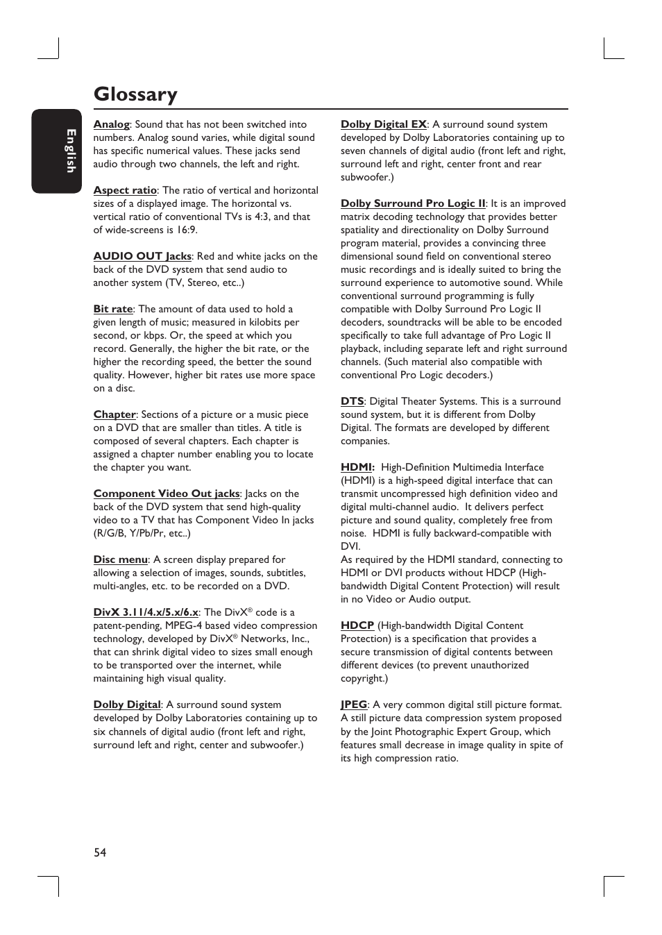 Glossary | Philips HTS9800W-37B User Manual | Page 54 / 56