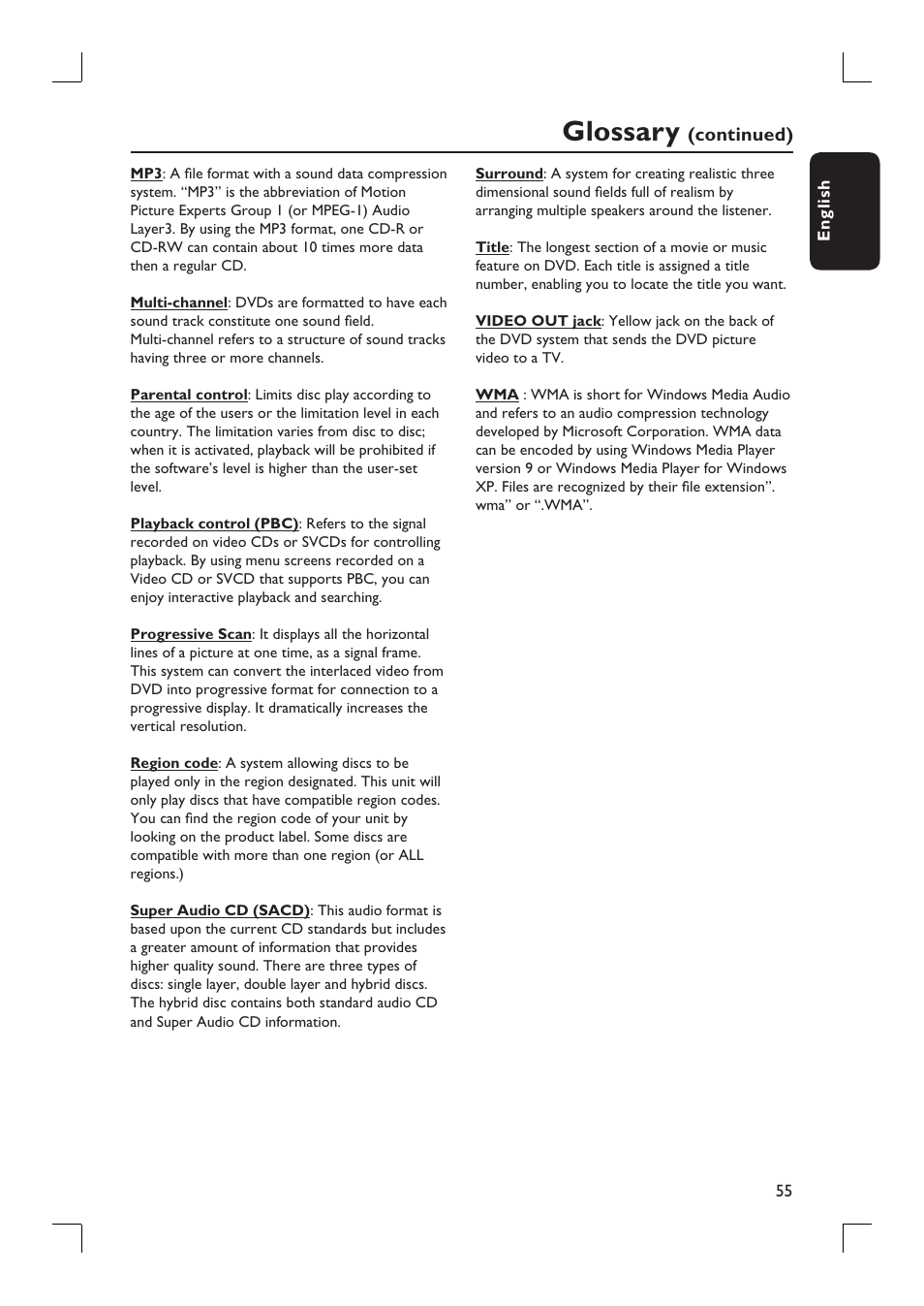 Glossary | Philips HTS9800W-37B User Manual | Page 55 / 56