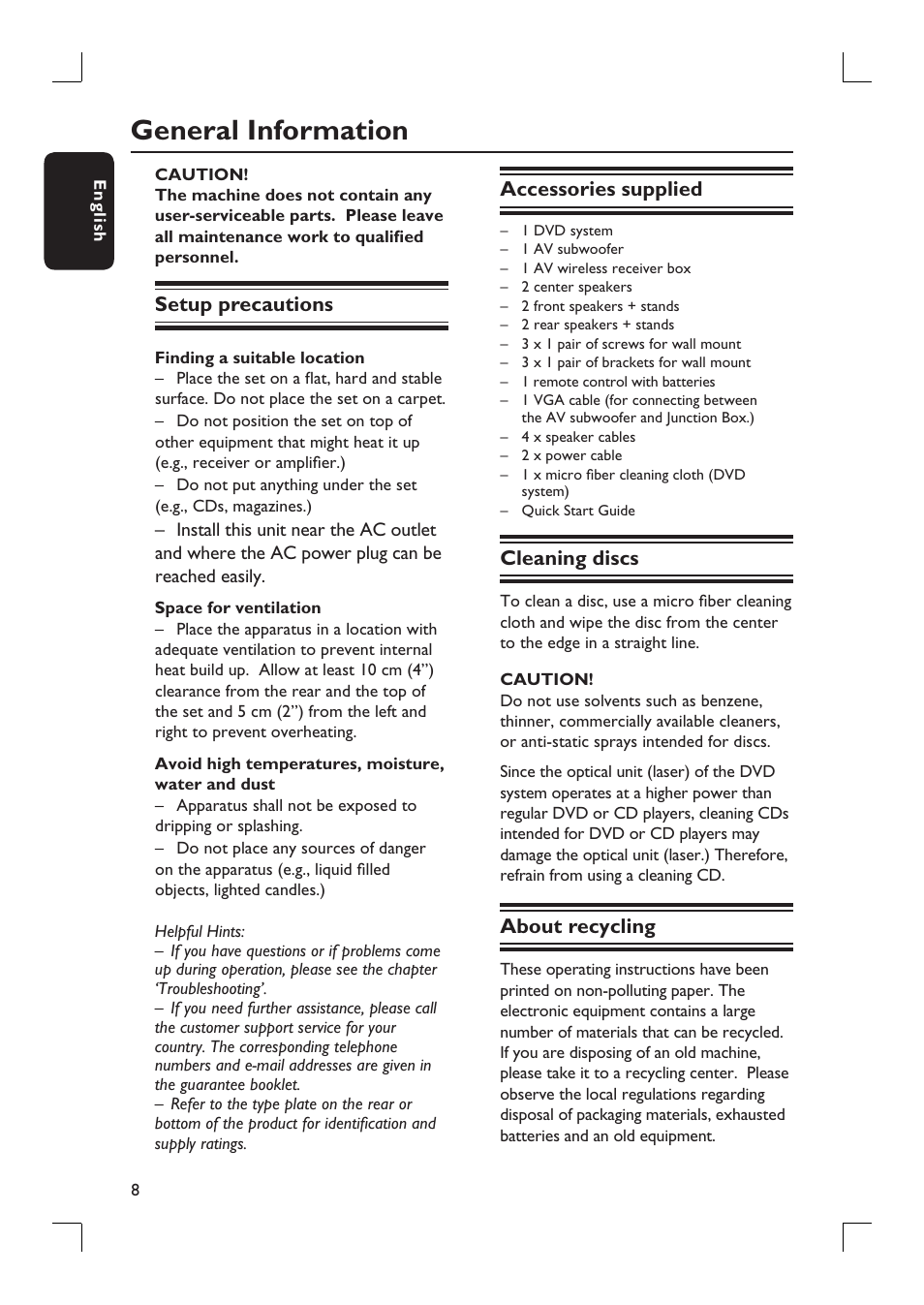 General information | Philips HTS9800W-37B User Manual | Page 8 / 56