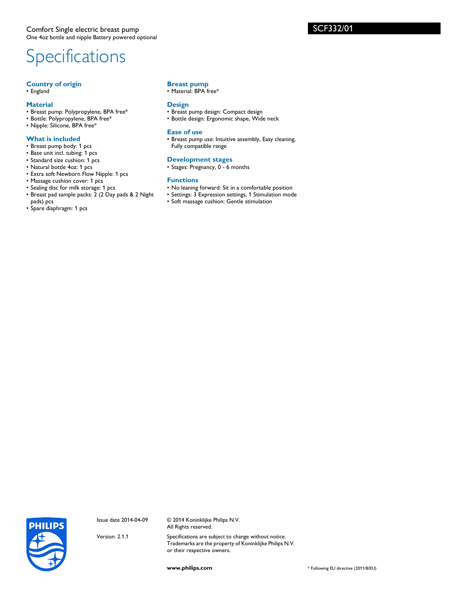 Specifications | Philips SCF332-01 User Manual | Page 3 / 3
