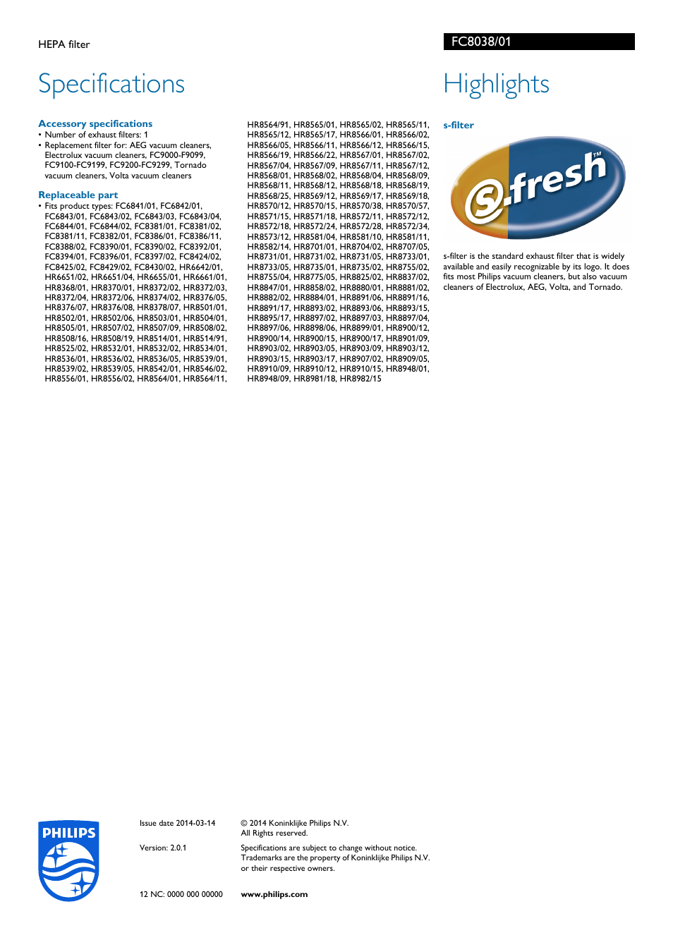 Specifications, Highlights | Philips FC8038-01 User Manual | Page 2 / 2