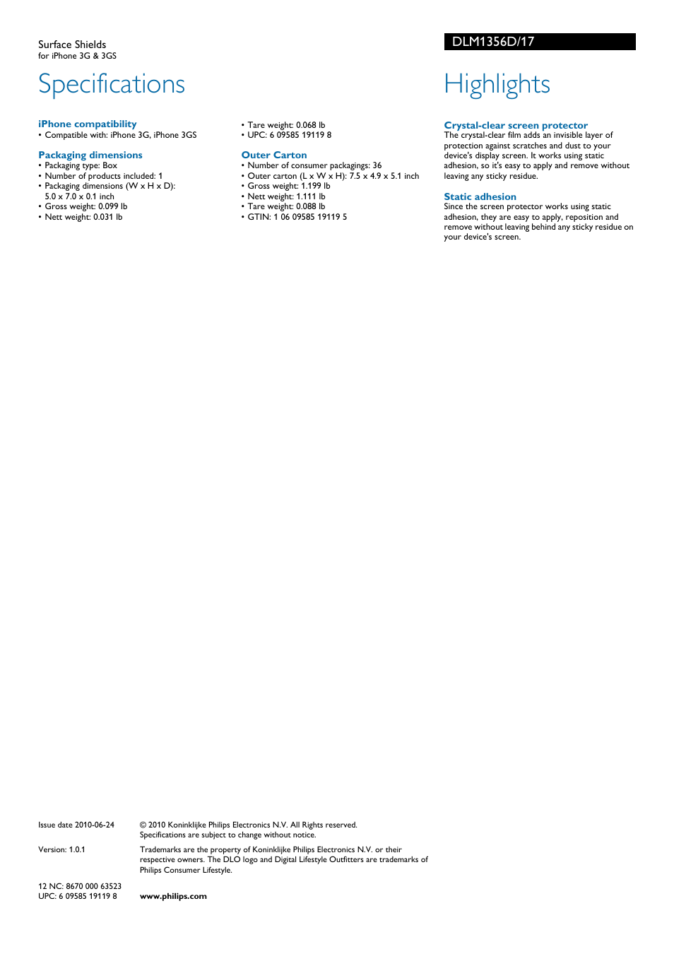 Specifications, Highlights | Philips DLO Surface Shields DLM1356D for iPhone 3G & 3GS User Manual | Page 2 / 2