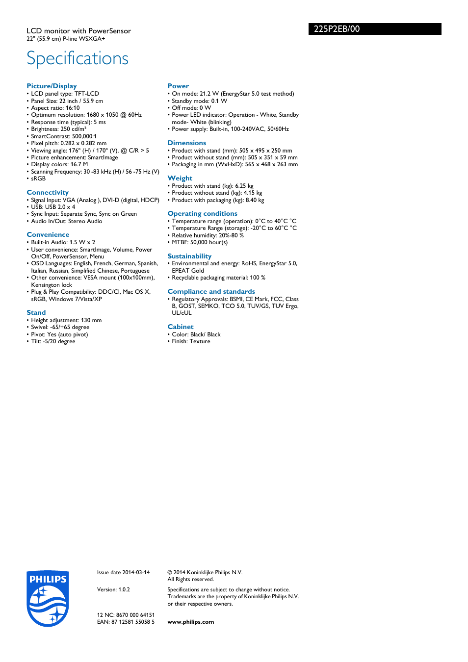 Specifications | Philips 225P2EB-00 User Manual | Page 3 / 3