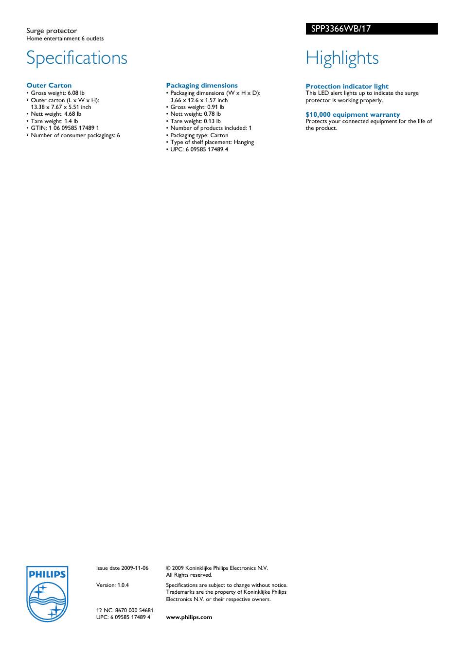 Specifications, Highlights | Philips SPP3366WB-17 User Manual | Page 2 / 2