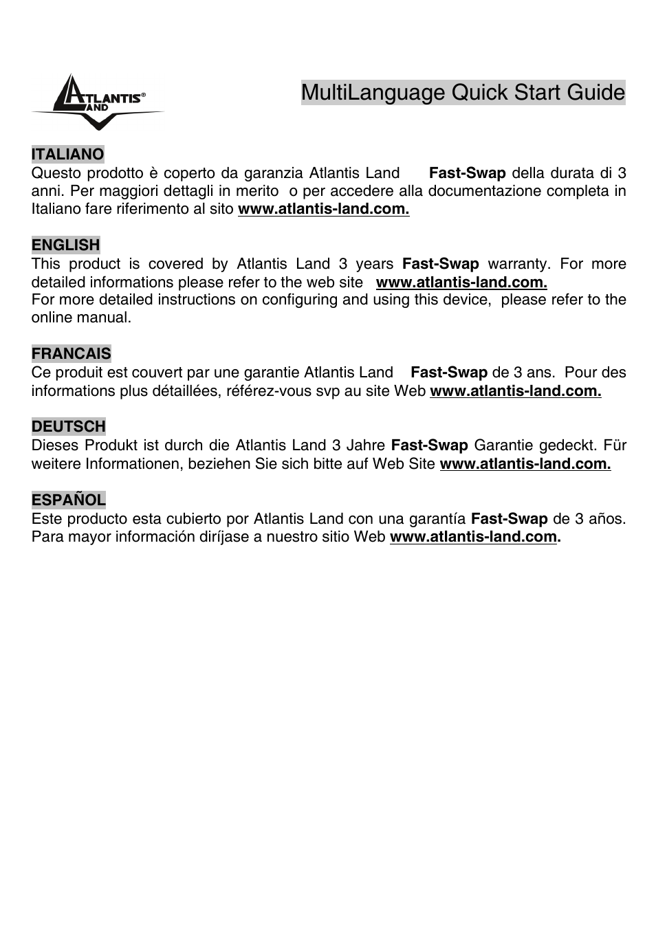 Warranty, Multilanguage quick start guide | Atlantis Land A02-PCI-W54M User Manual | Page 2 / 65