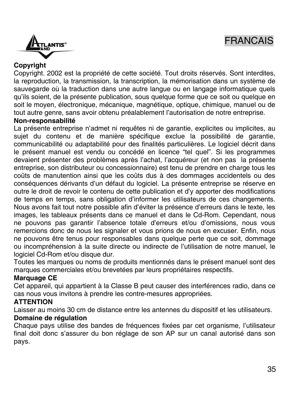 Francais | Atlantis Land A02-PCI-W54M User Manual | Page 34 / 65