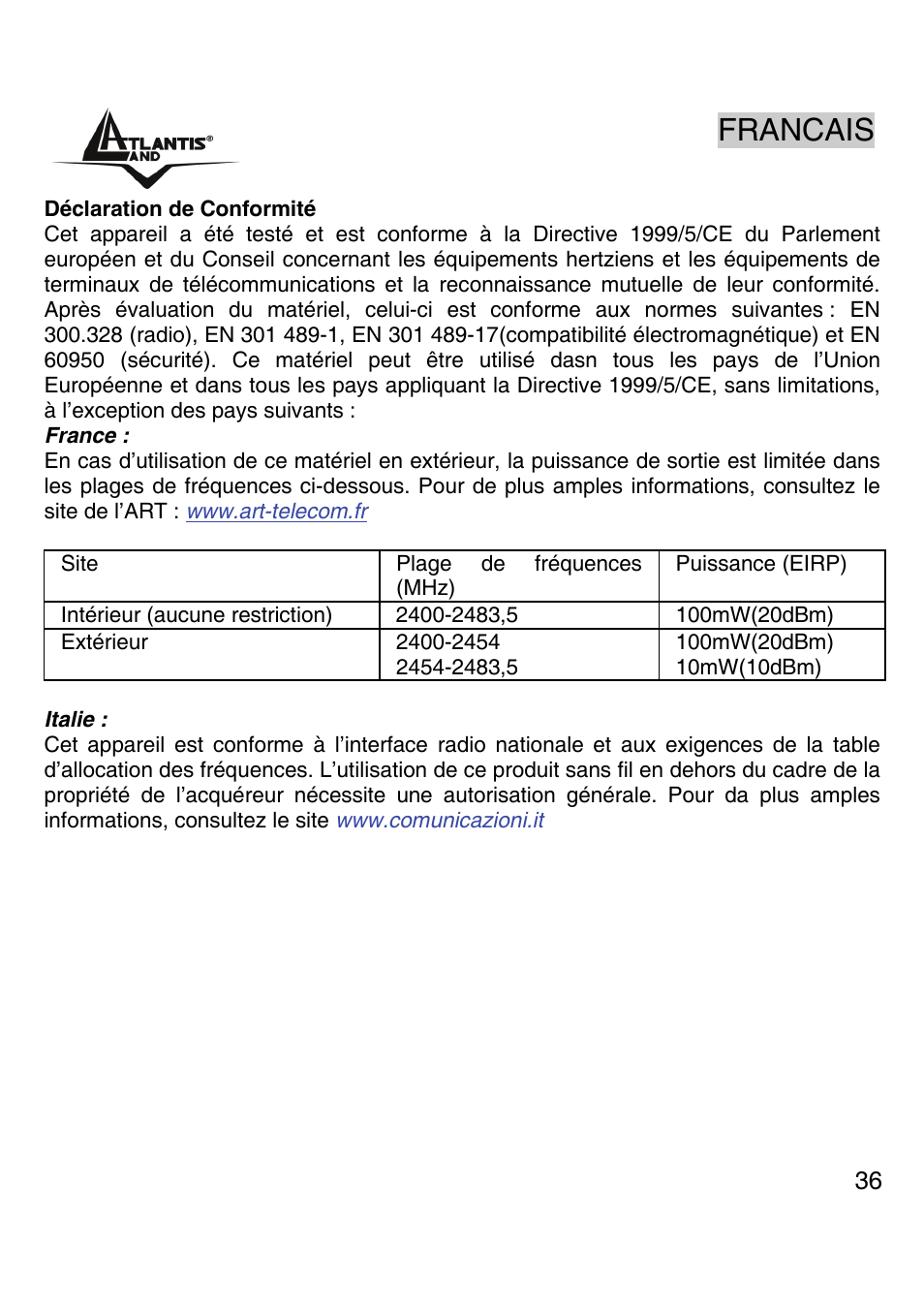 Francais | Atlantis Land A02-PCI-W54M User Manual | Page 35 / 65