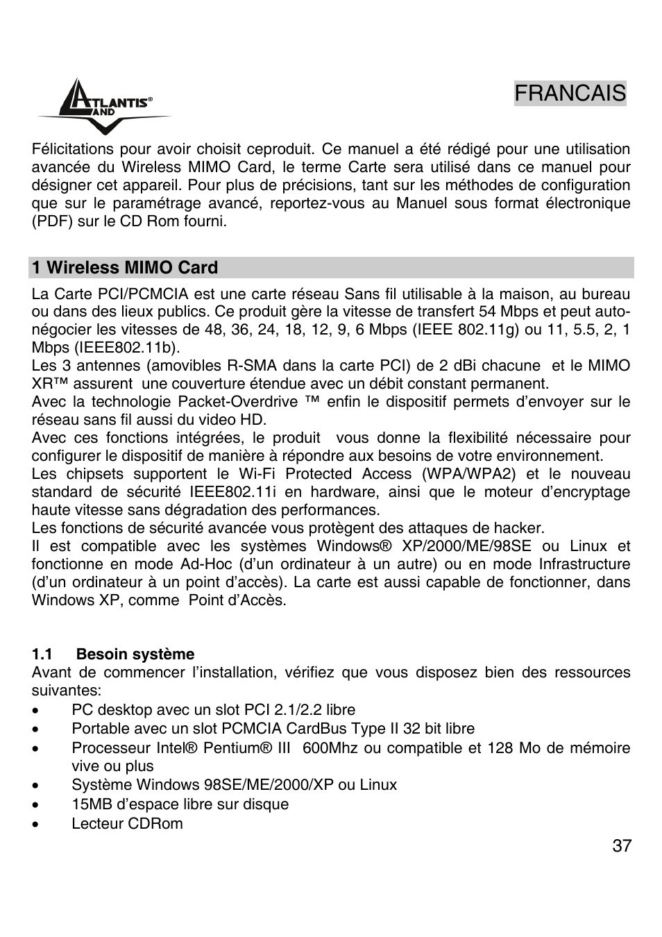 Francais | Atlantis Land A02-PCI-W54M User Manual | Page 36 / 65
