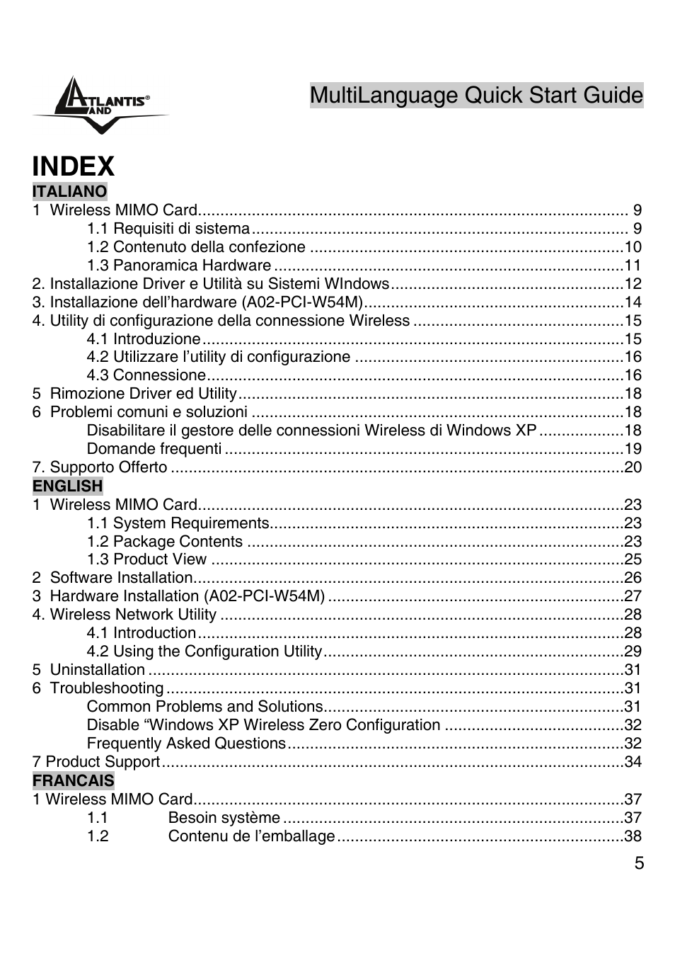 Index, Multilanguage quick start guide | Atlantis Land A02-PCI-W54M User Manual | Page 4 / 65
