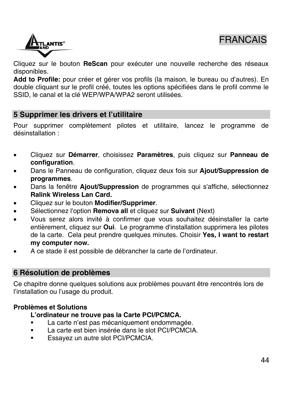 Francais | Atlantis Land A02-PCI-W54M User Manual | Page 43 / 65