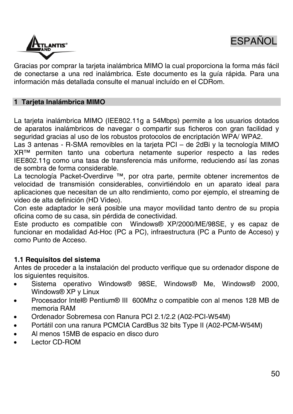 Español | Atlantis Land A02-PCI-W54M User Manual | Page 49 / 65