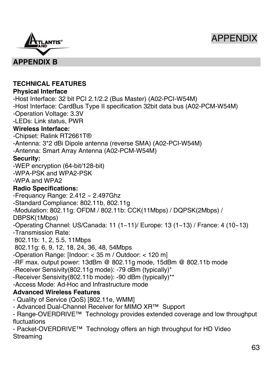 Appendix b, Appendix | Atlantis Land A02-PCI-W54M User Manual | Page 62 / 65