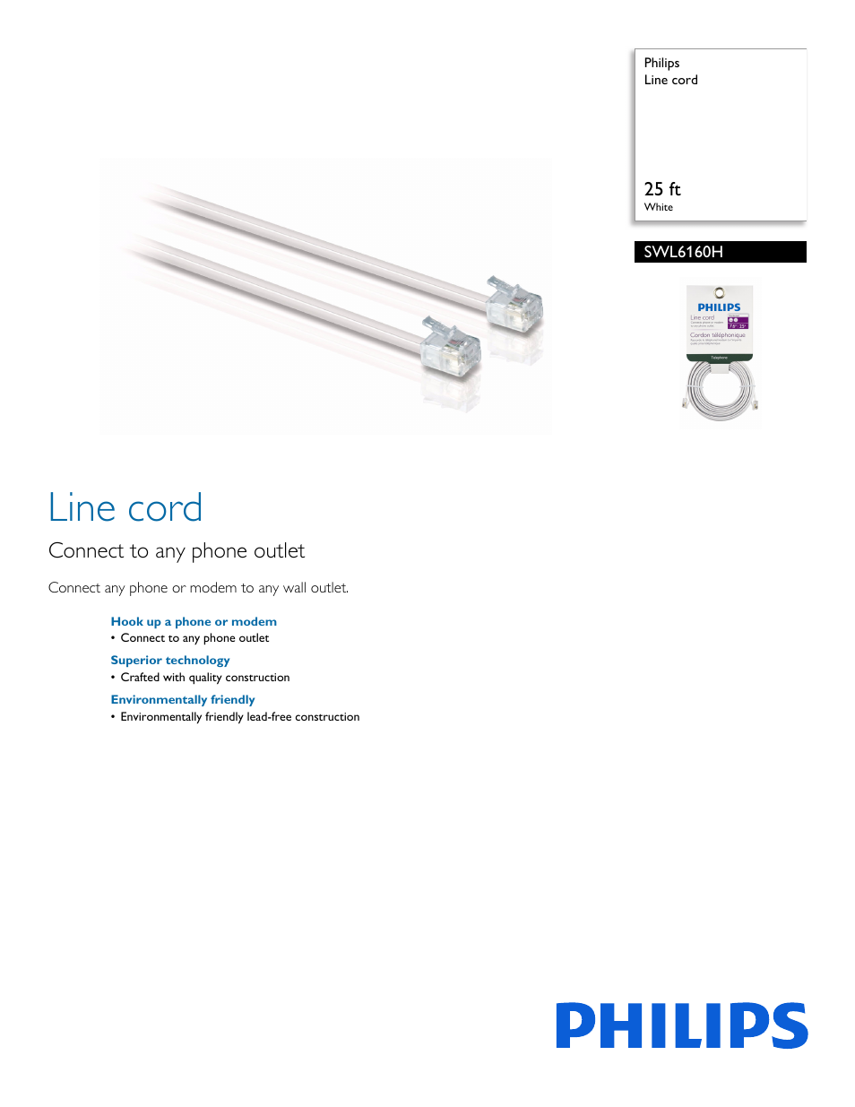 Philips Line cord SWL6160H 25 ft White User Manual | 2 pages