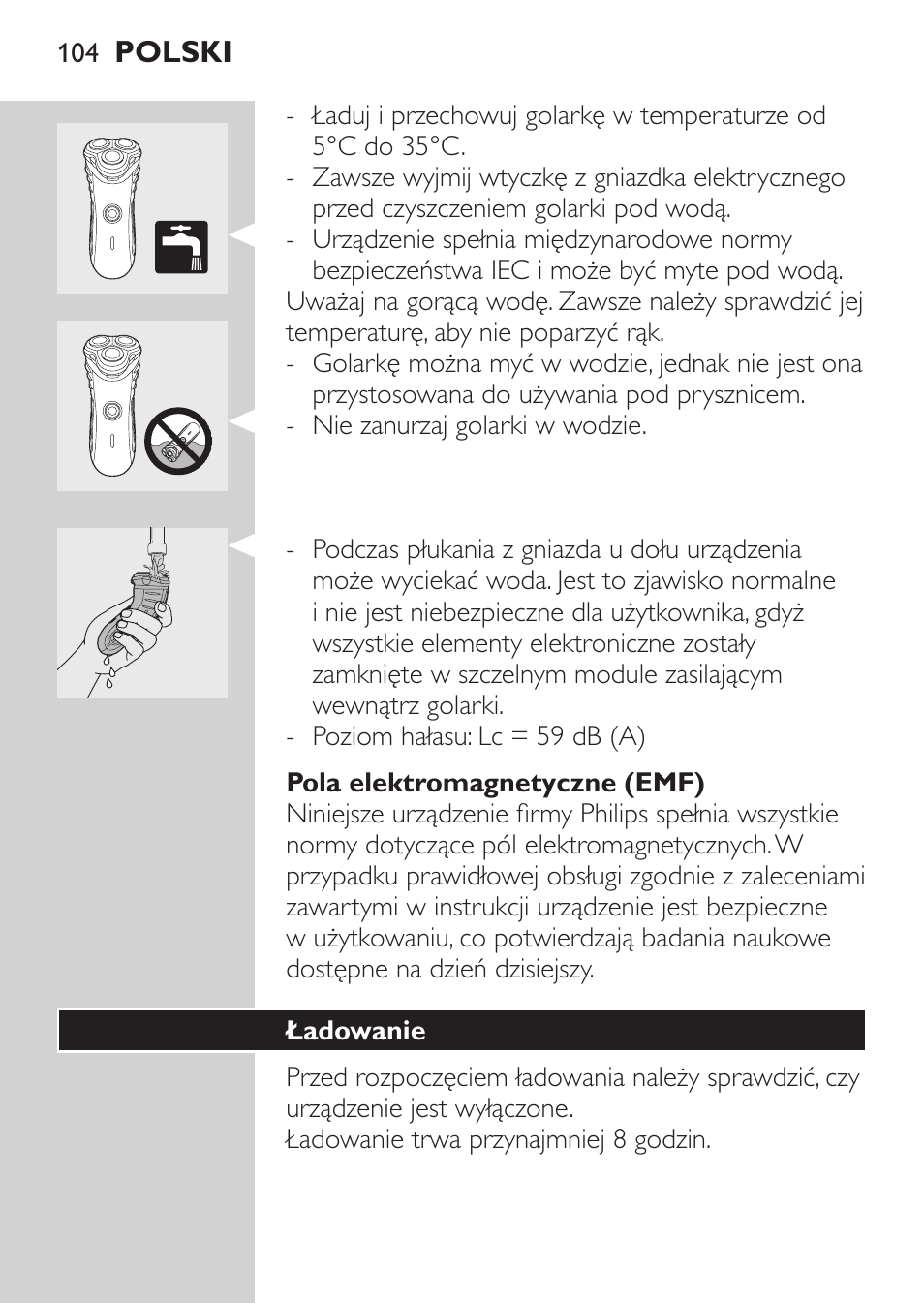 Pola elektromagnetyczne (emf), Ładowanie | Philips HQ7340-17 User Manual | Page 102 / 180