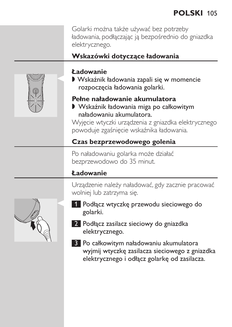 Wskazówki dotyczące ładowania, Ładowanie, Pełne naładowanie akumulatora | Czas bezprzewodowego golenia | Philips HQ7340-17 User Manual | Page 103 / 180