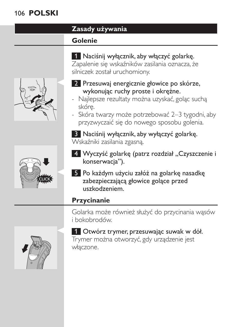 Zasady używania, Golenie, Przycinanie | Philips HQ7340-17 User Manual | Page 104 / 180