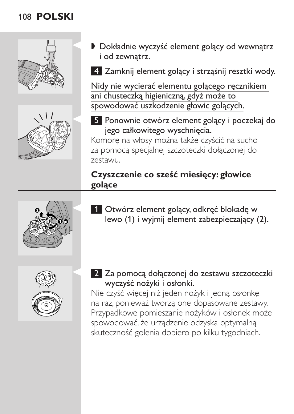 Czyszczenie co sześć miesięcy: głowice golące | Philips HQ7340-17 User Manual | Page 106 / 180