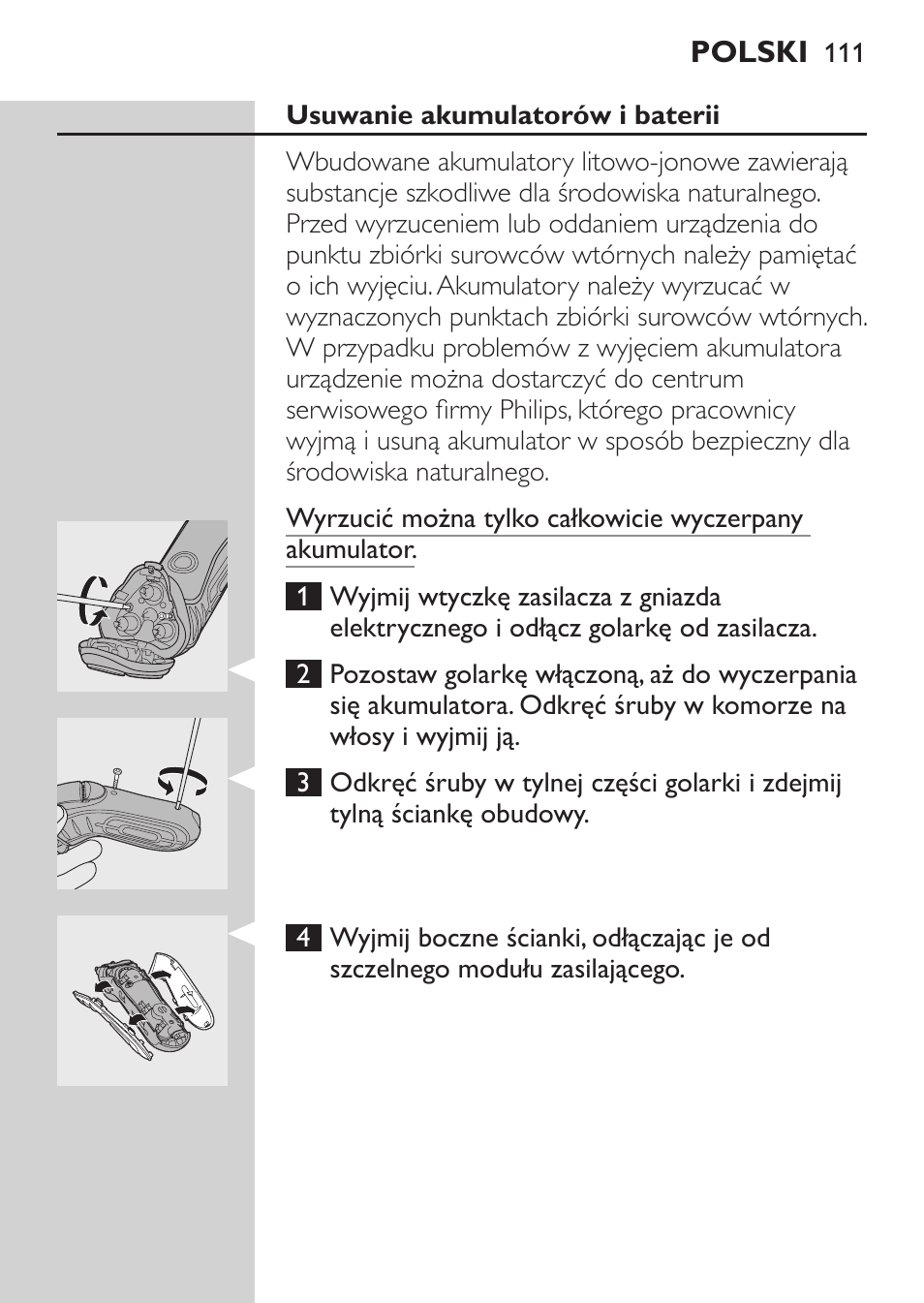 Usuwanie akumulatorów i baterii | Philips HQ7340-17 User Manual | Page 109 / 180