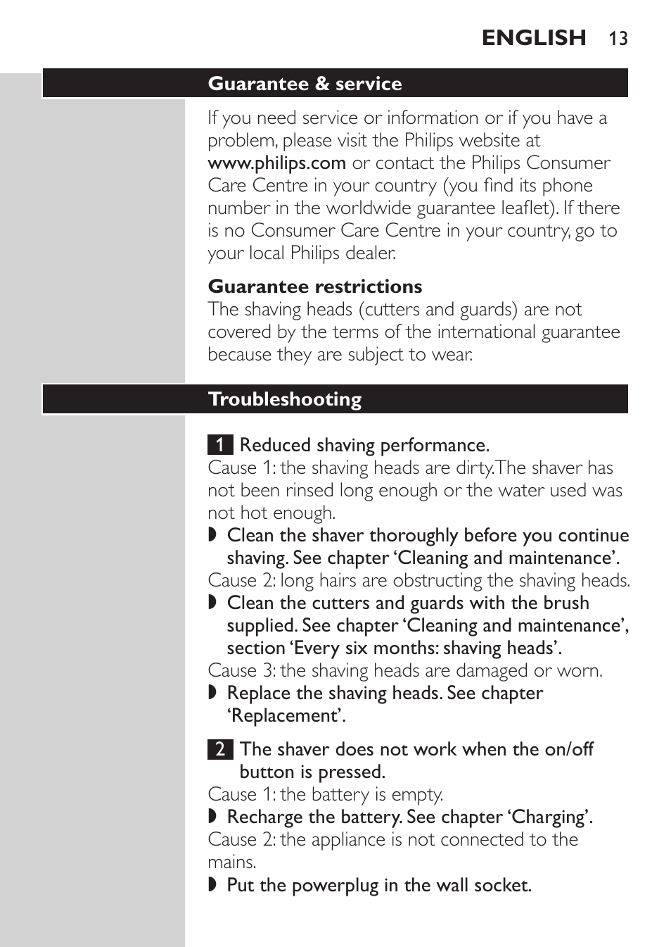 Guarantee restrictions, Guarantee & service, Troubleshooting | Philips HQ7340-17 User Manual | Page 11 / 180