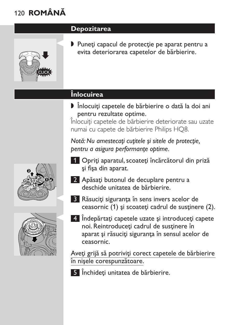 Depozitarea, Înlocuirea, Accesorii | Philips HQ7340-17 User Manual | Page 118 / 180